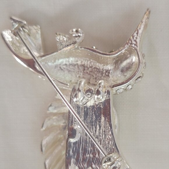 Silver-Tone Hummingbird Brooch Clear Rhinestones & Green Eye Vintage Pin Jewelry - Picture 6 of 6
